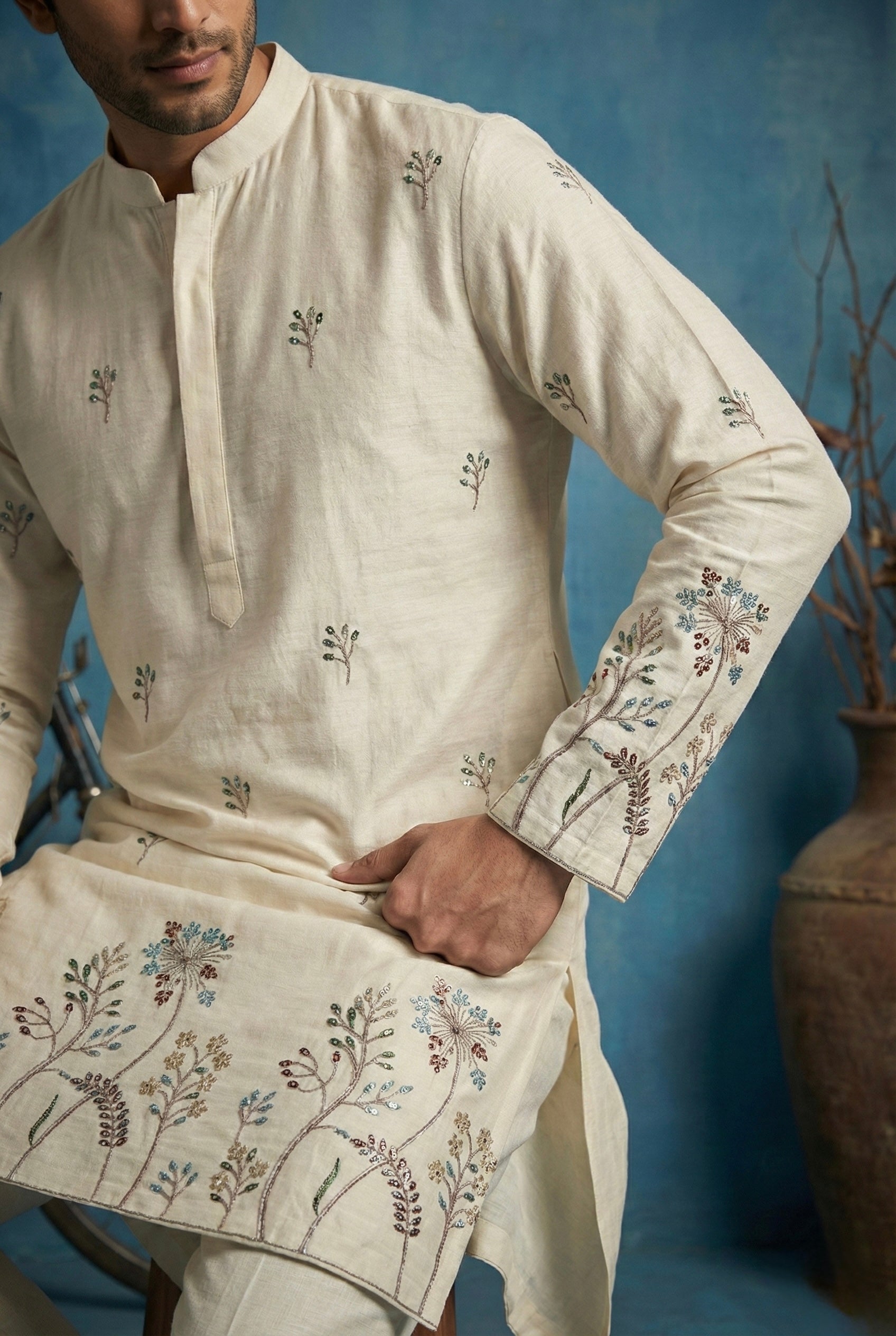 Ivory Botanical Embroidered Kurta Set for Men
