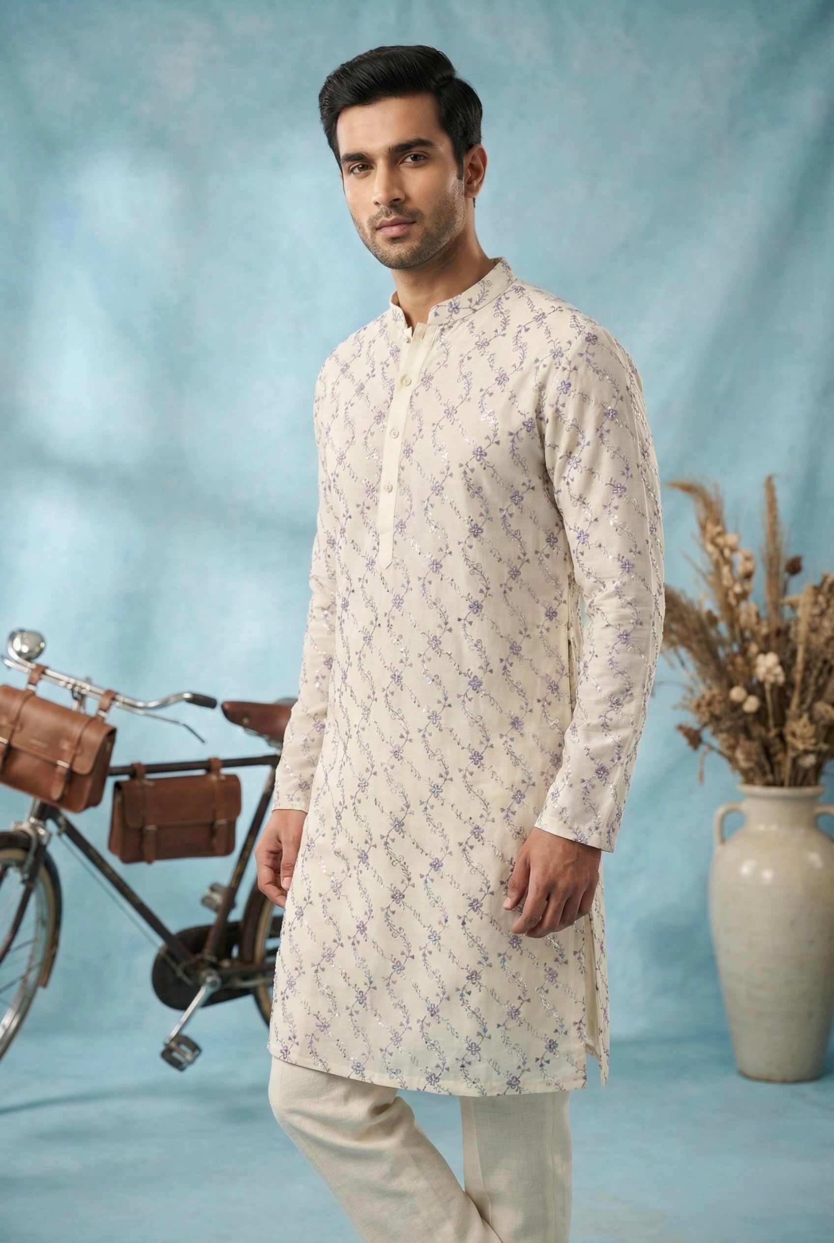 Ivory Lilac Vine Embroidered Kurta Set for Men
