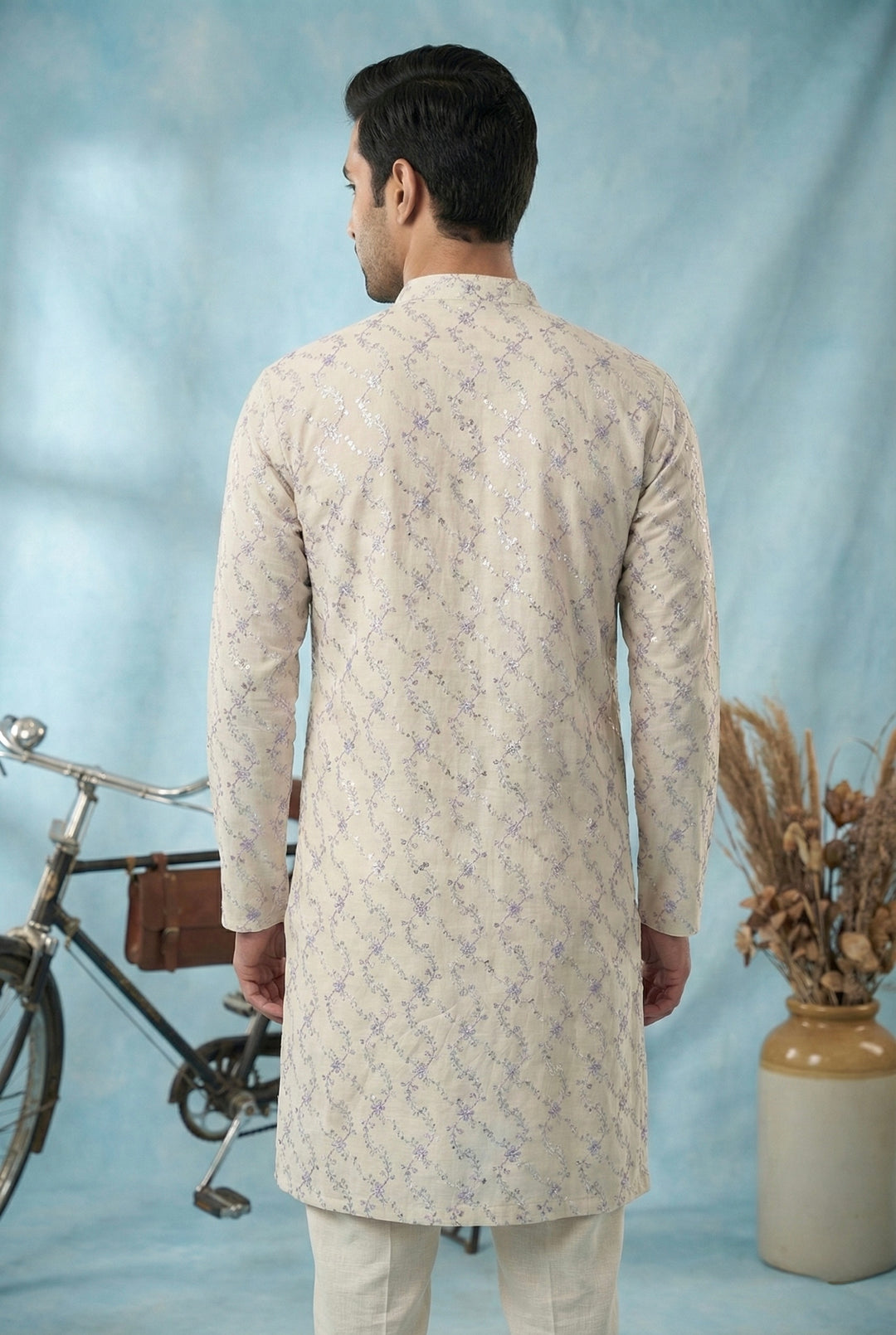 Abees White cotton embroidered kurta set ivory lilac vine - side view