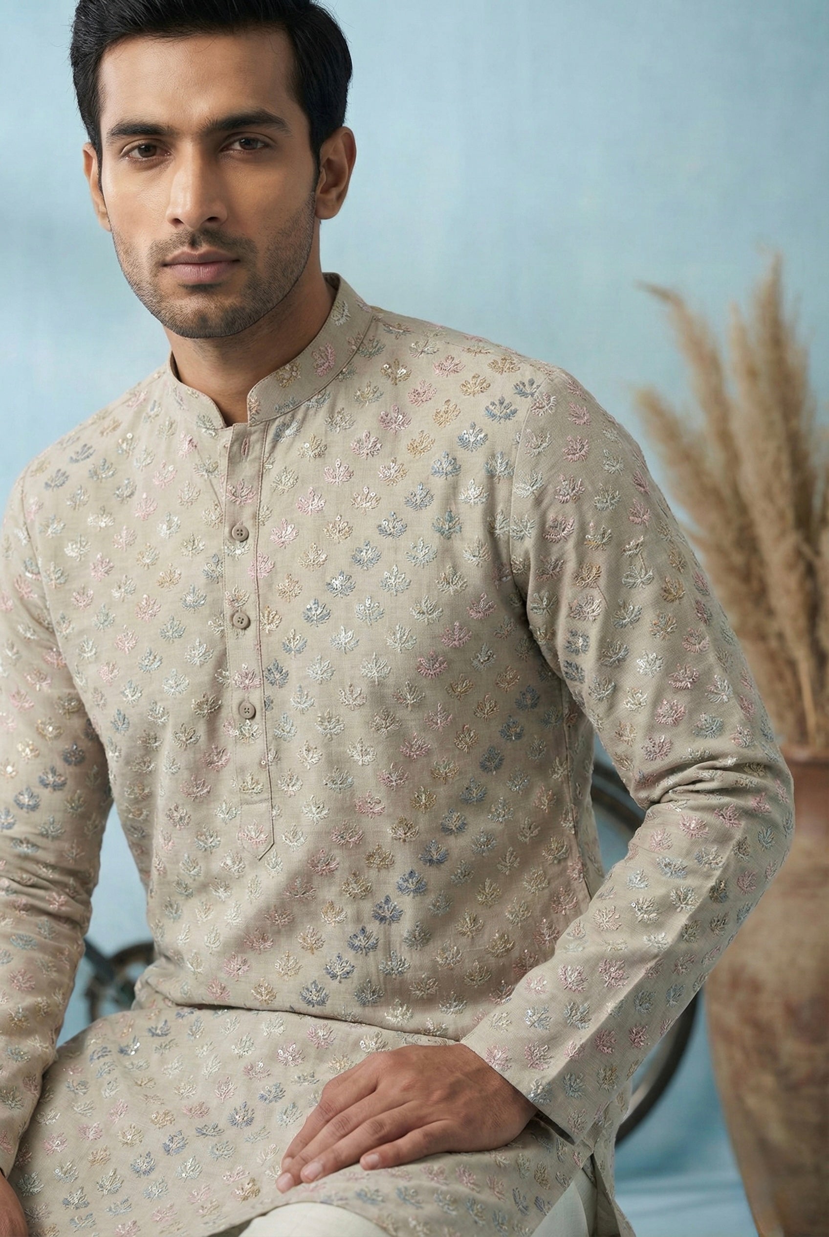 Stone Grey Pastel Motif Printed Kurta Set for Men