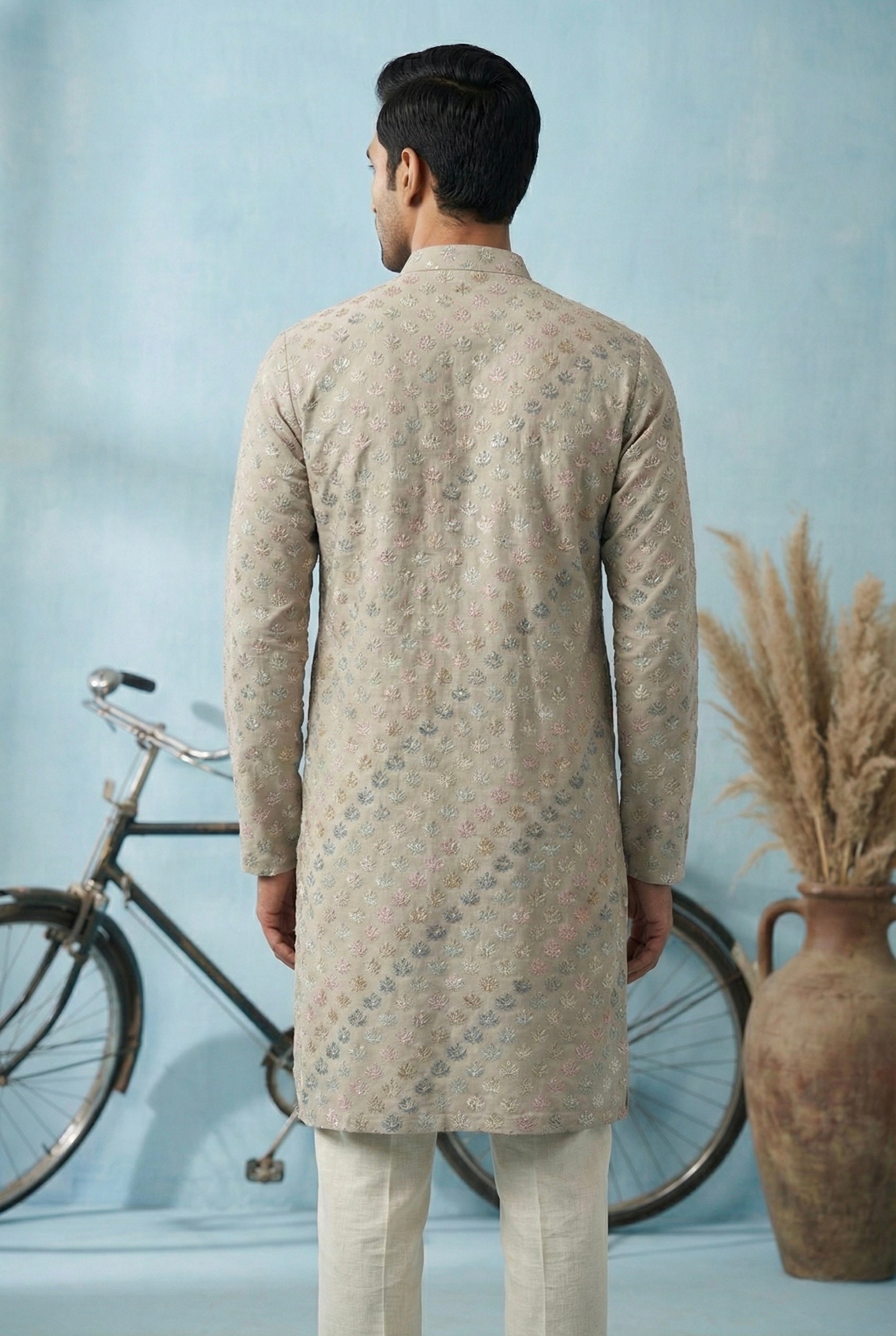 Stone Grey Pastel Motif Printed Kurta Set for Men