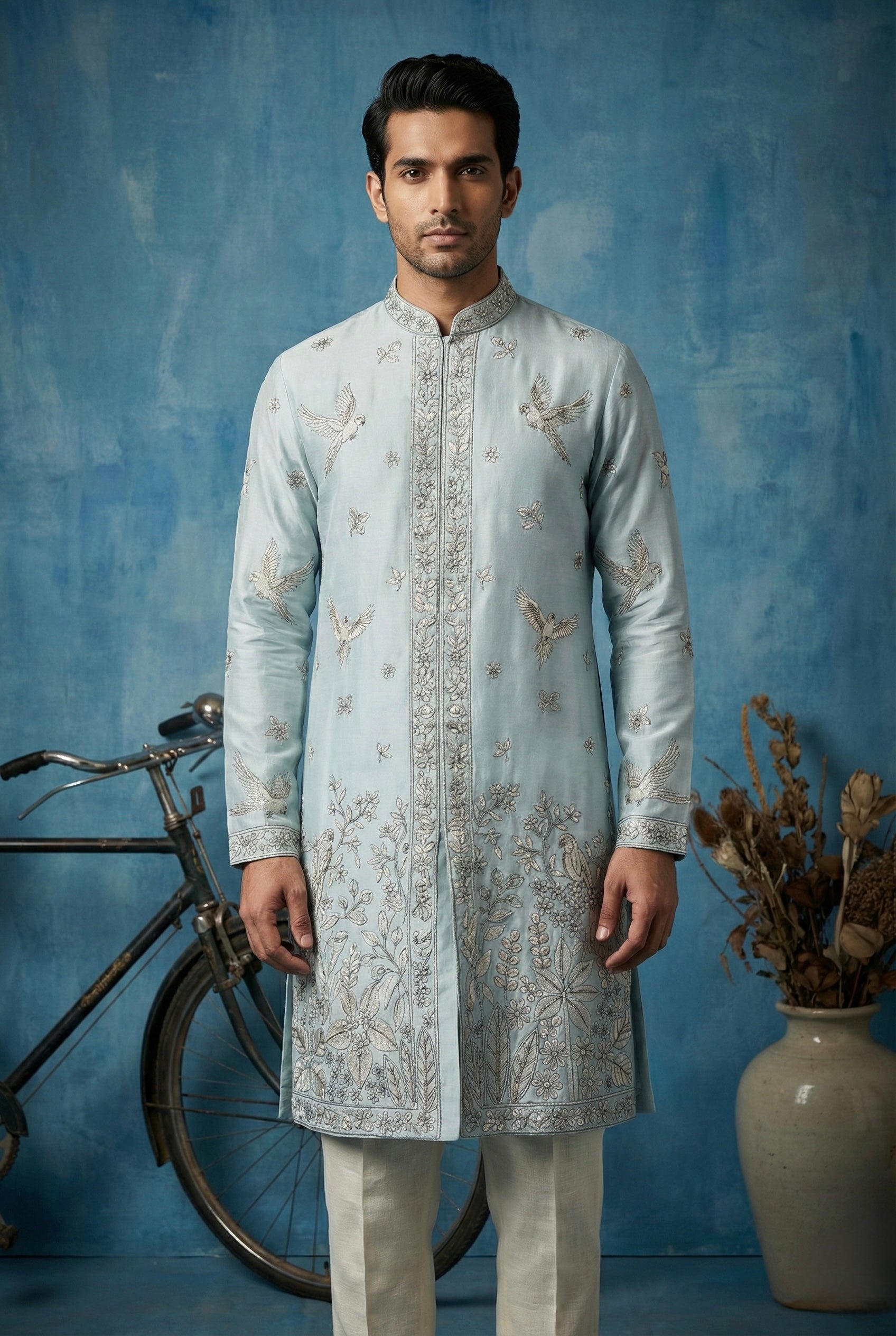 Powder Blue Embroidered Heritage Kurta Set for Men