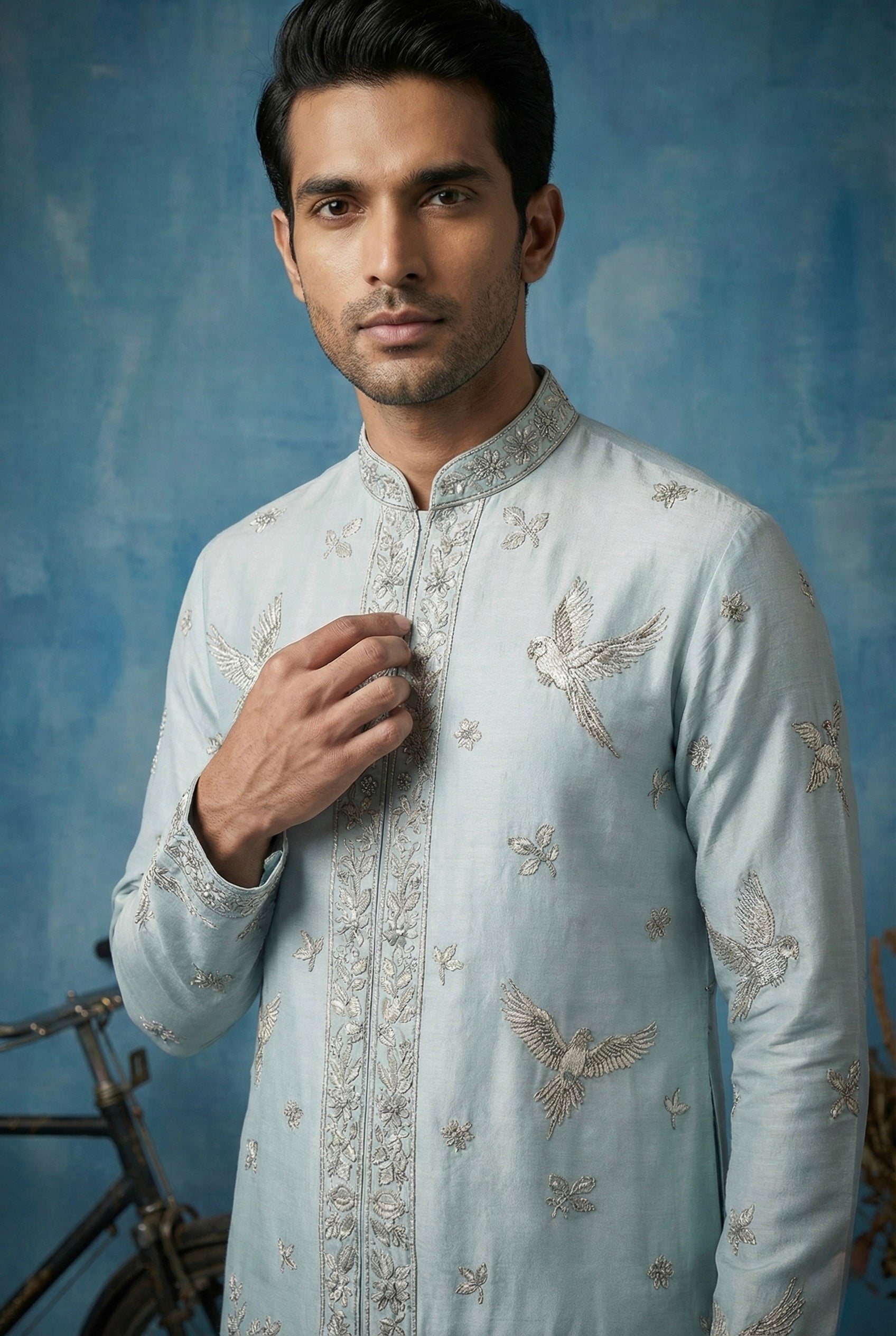 Powder Blue Embroidered Heritage Kurta Set for Men