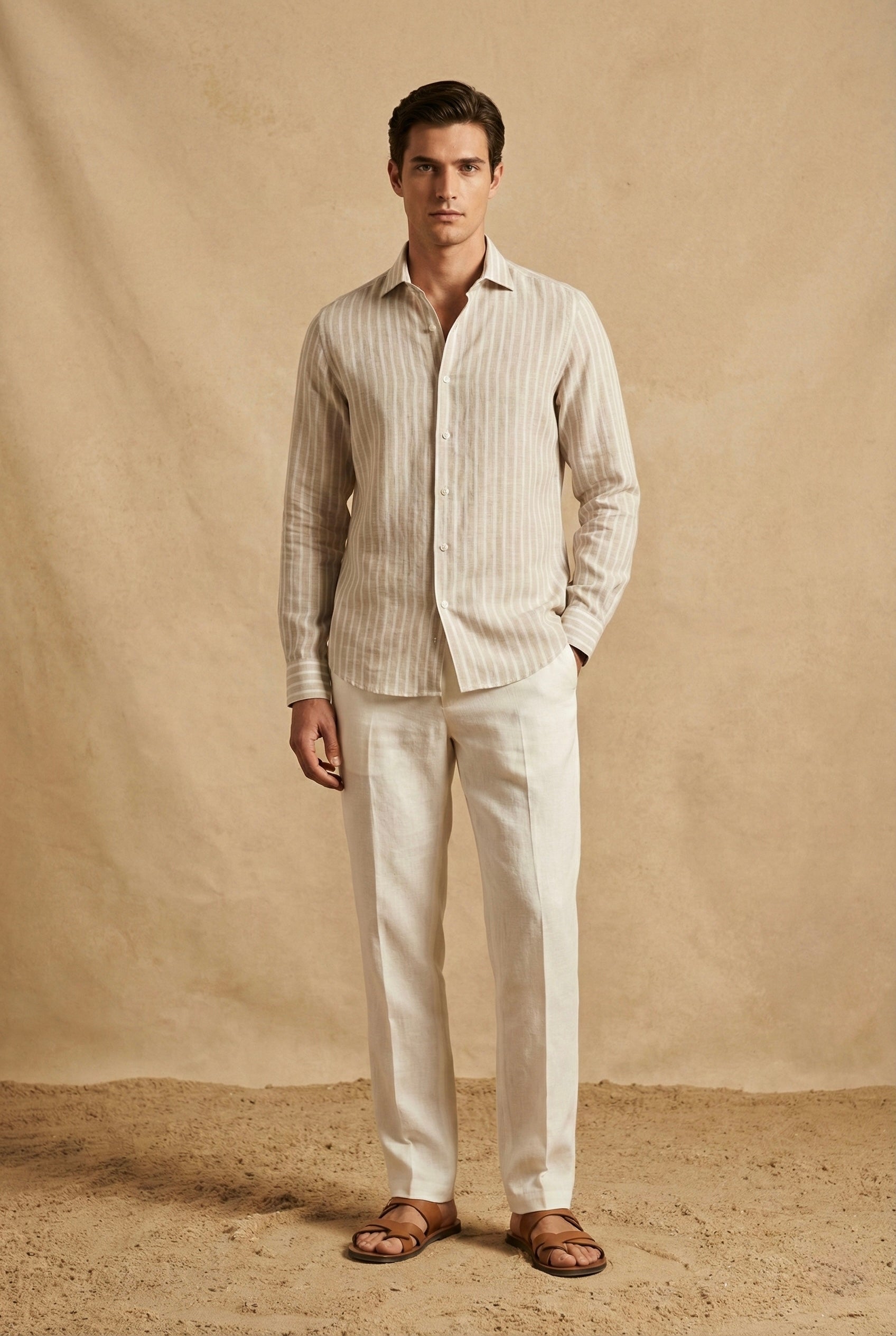 Sand Beige Striped Pure Linen Shirt for Men