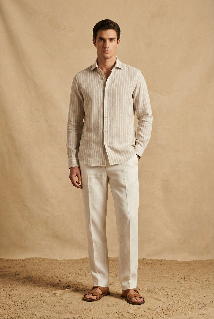 Sand Beige Striped Pure Linen Shirt for Men