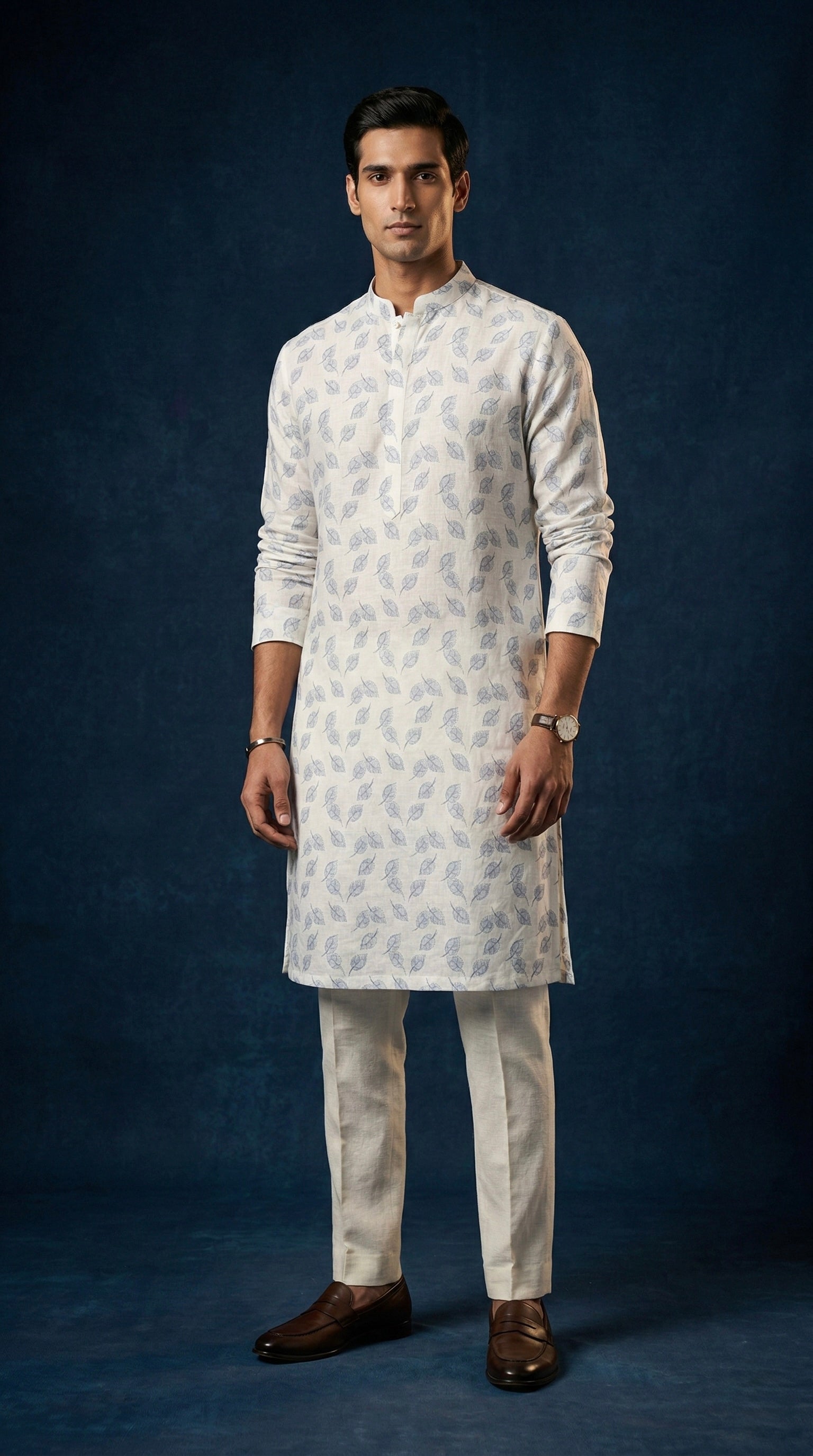 Ivory Leaf Printed 100% Linen Kurta with Trousers