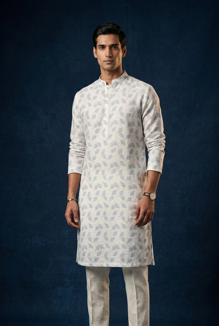 Abees Beige linen printed kurta set with trousers - front view