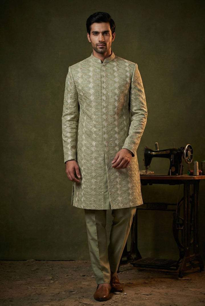 Abees Green jacquard embroidered layered sherwani set - front view