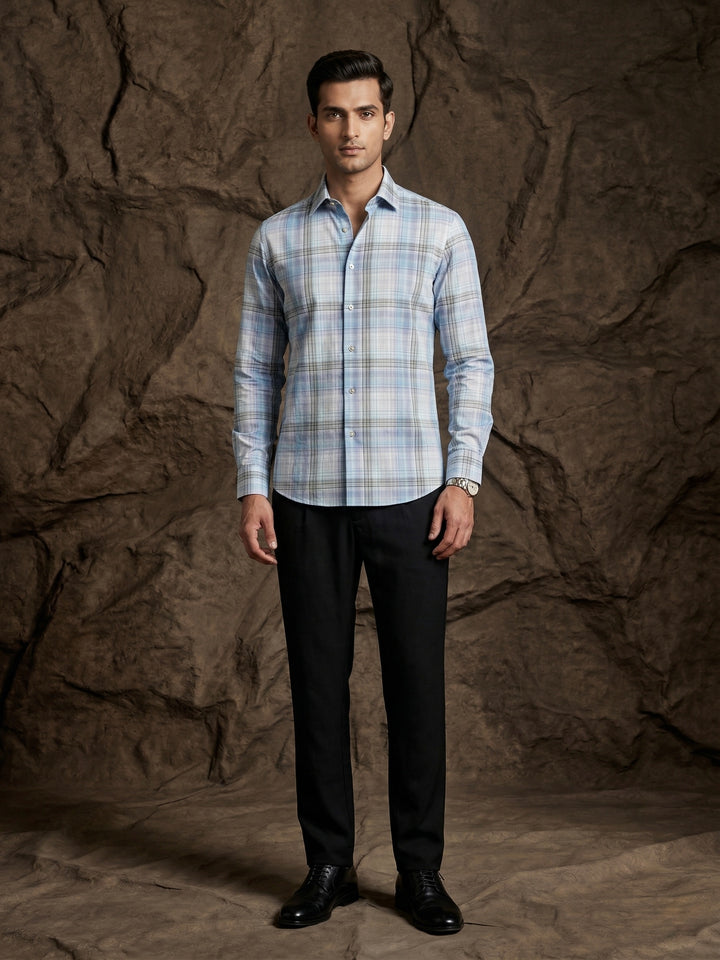 Light Blue Checkered Premium Cotton Shirt