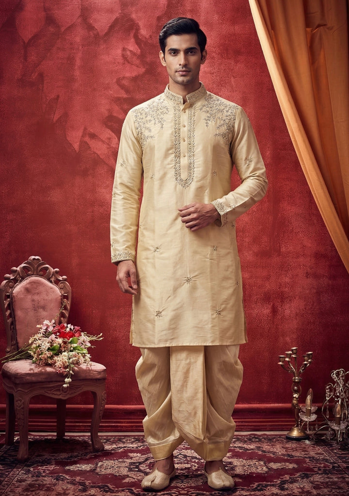 Abees Gold silk hand embroidered pattu kurta set with dhoti and angavastram - front view