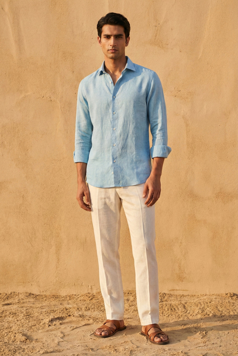 Abees Blue linen solid shirt - front view