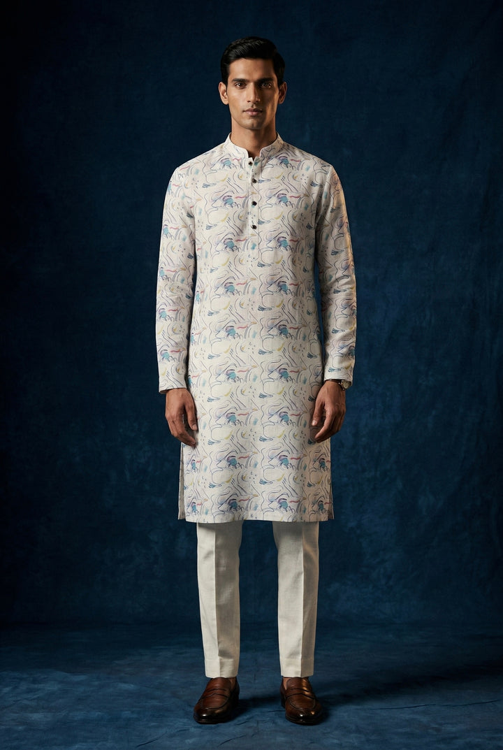 Abees Beige linen printed kurta set with trousers - front view