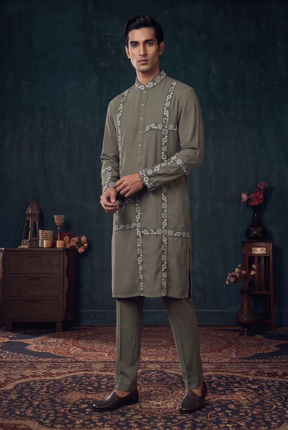 Olive Green Geometric Line symmetry Kurta Set