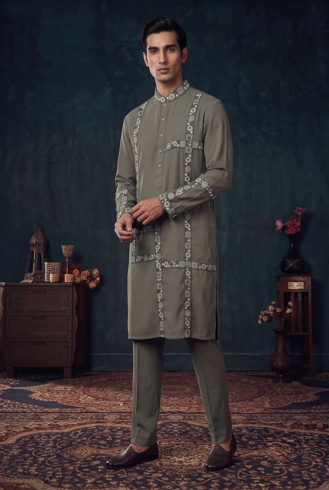 Olive Green Geometric Line symmetry Kurta Set