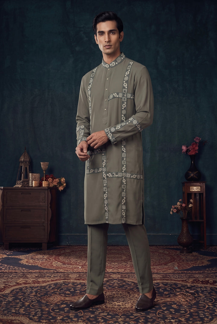Olive Green Geometric Line symmetry Kurta Set