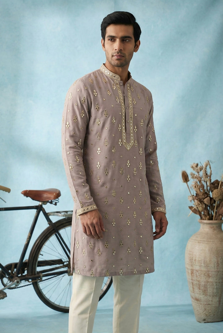 Abees Beige cotton silk embroidered kurta set - front view