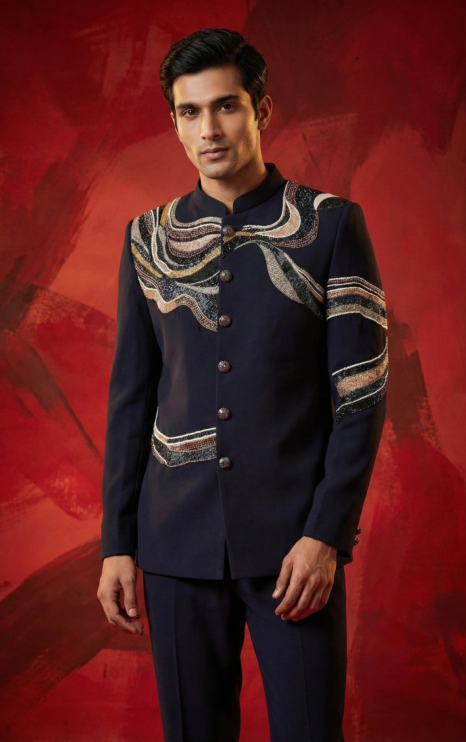 Midnight Crest Embroidered Bandhgala Set