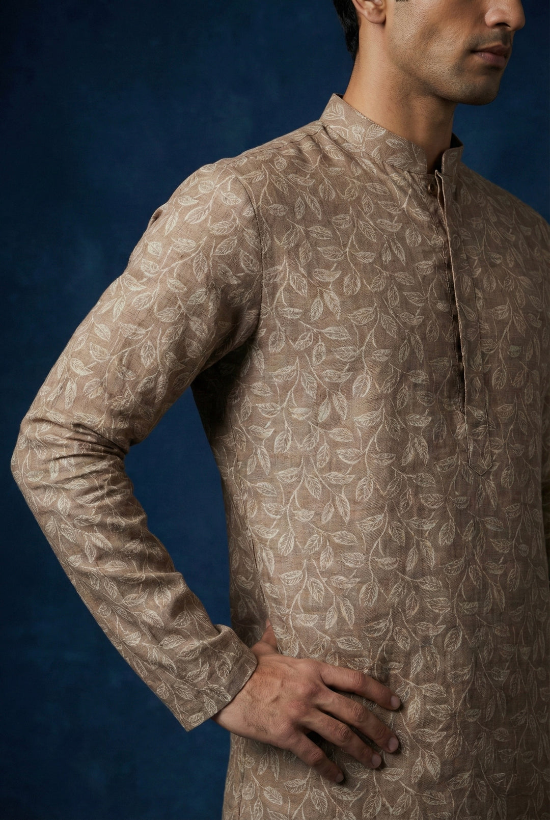 Abees Brown linen printed kurta earth-tone leaf - back view