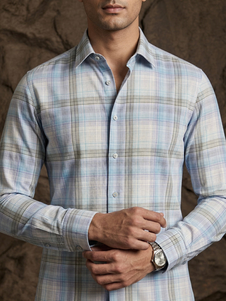 Light Blue Checkered Premium Cotton Shirt