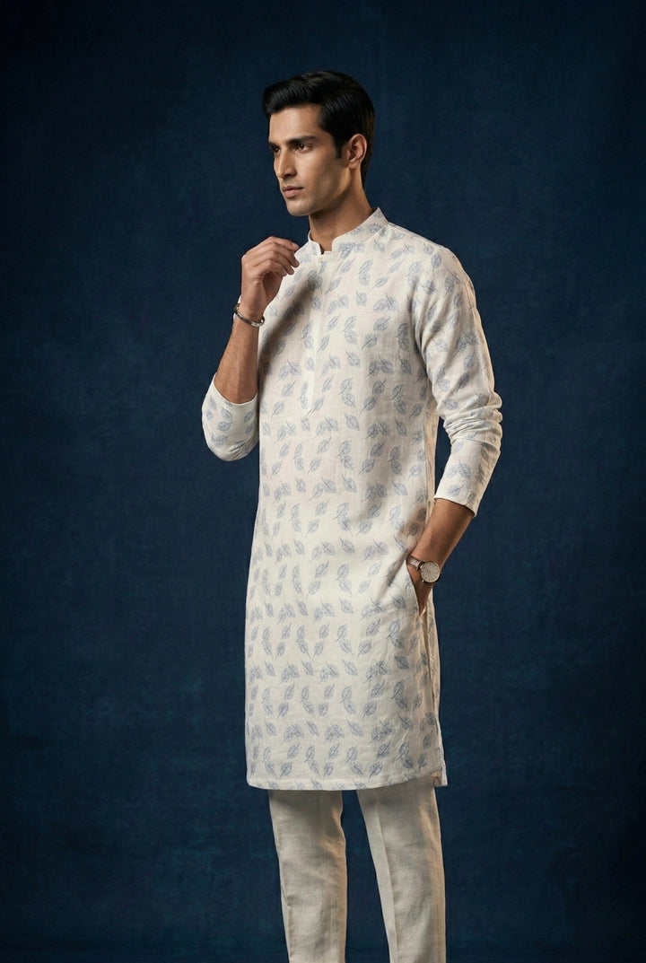 Abees Beige linen printed kurta set with trousers - back view