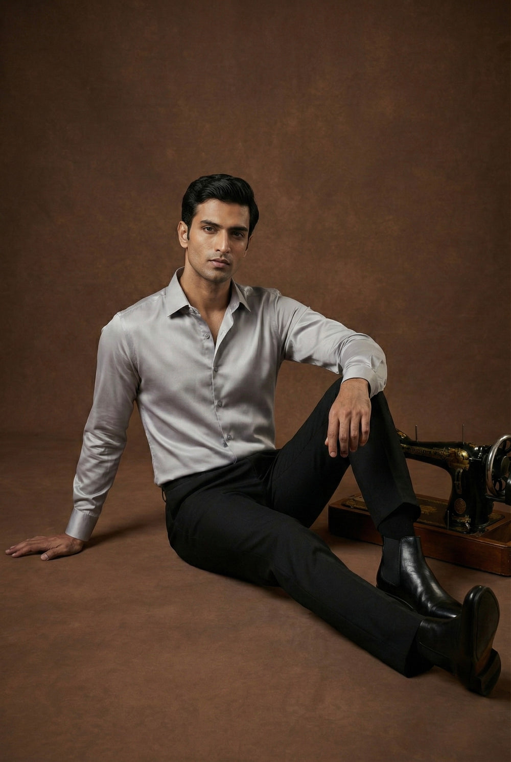 Abees Grey cotton blend solid formal shirt - back view
