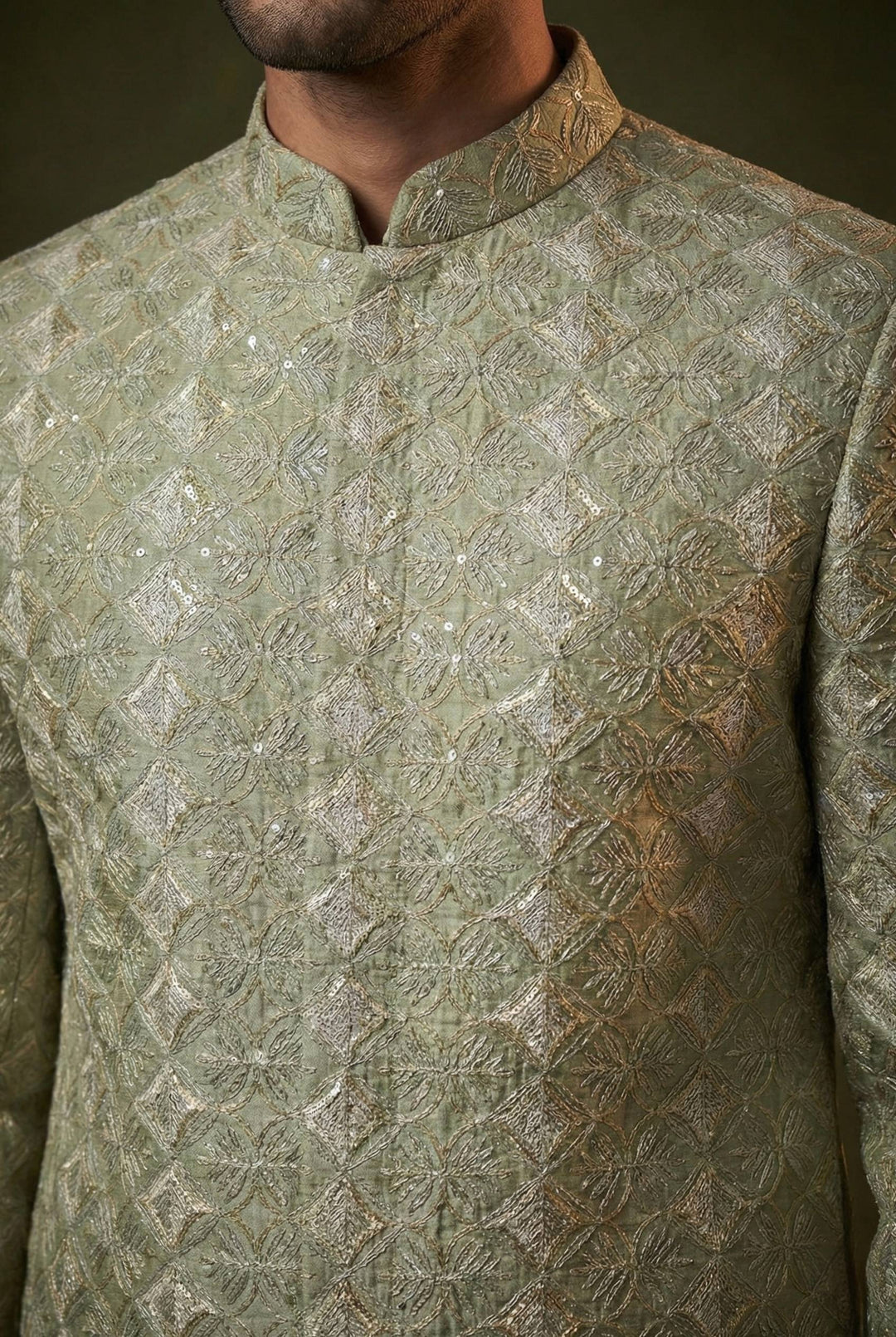 Abees Green jacquard embroidered layered sherwani set - back view