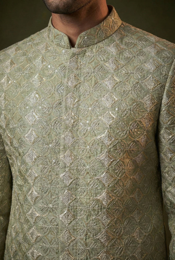 Abees Green jacquard embroidered layered sherwani set - back view