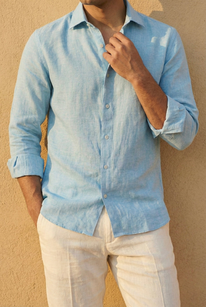 Sky Blue Pure Linen Shirt for Men