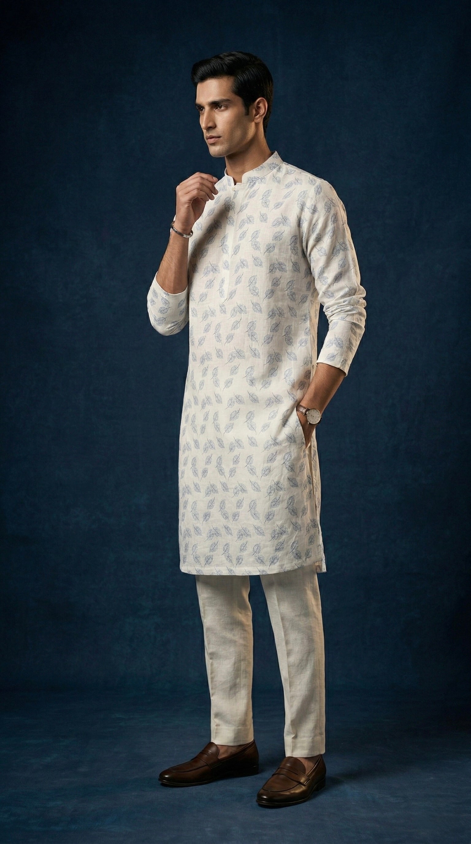 Ivory Leaf Printed 100% Linen Kurta with Trousers