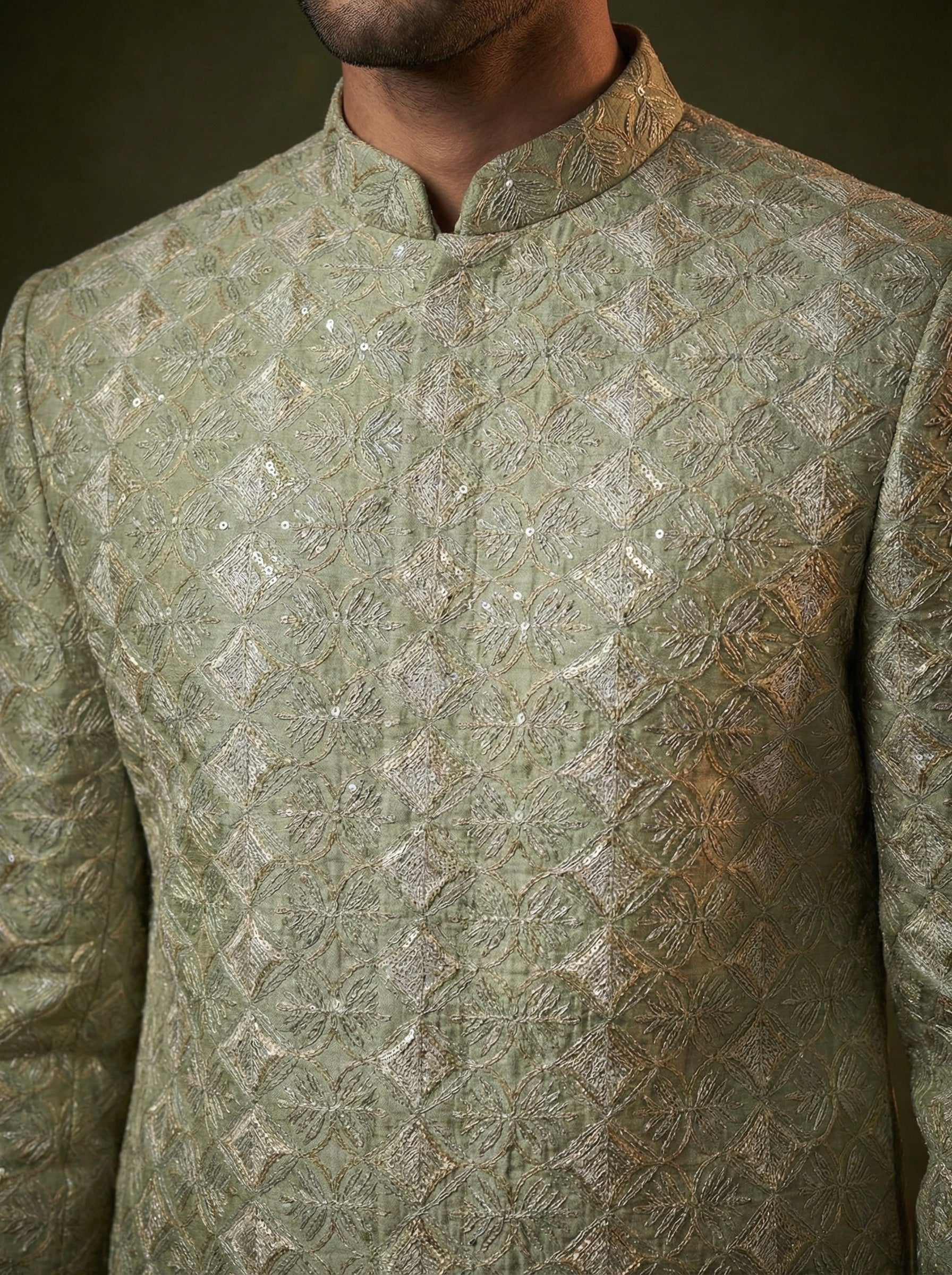 Sage Green Textured Embroidered Layered Sherwani Set for Men