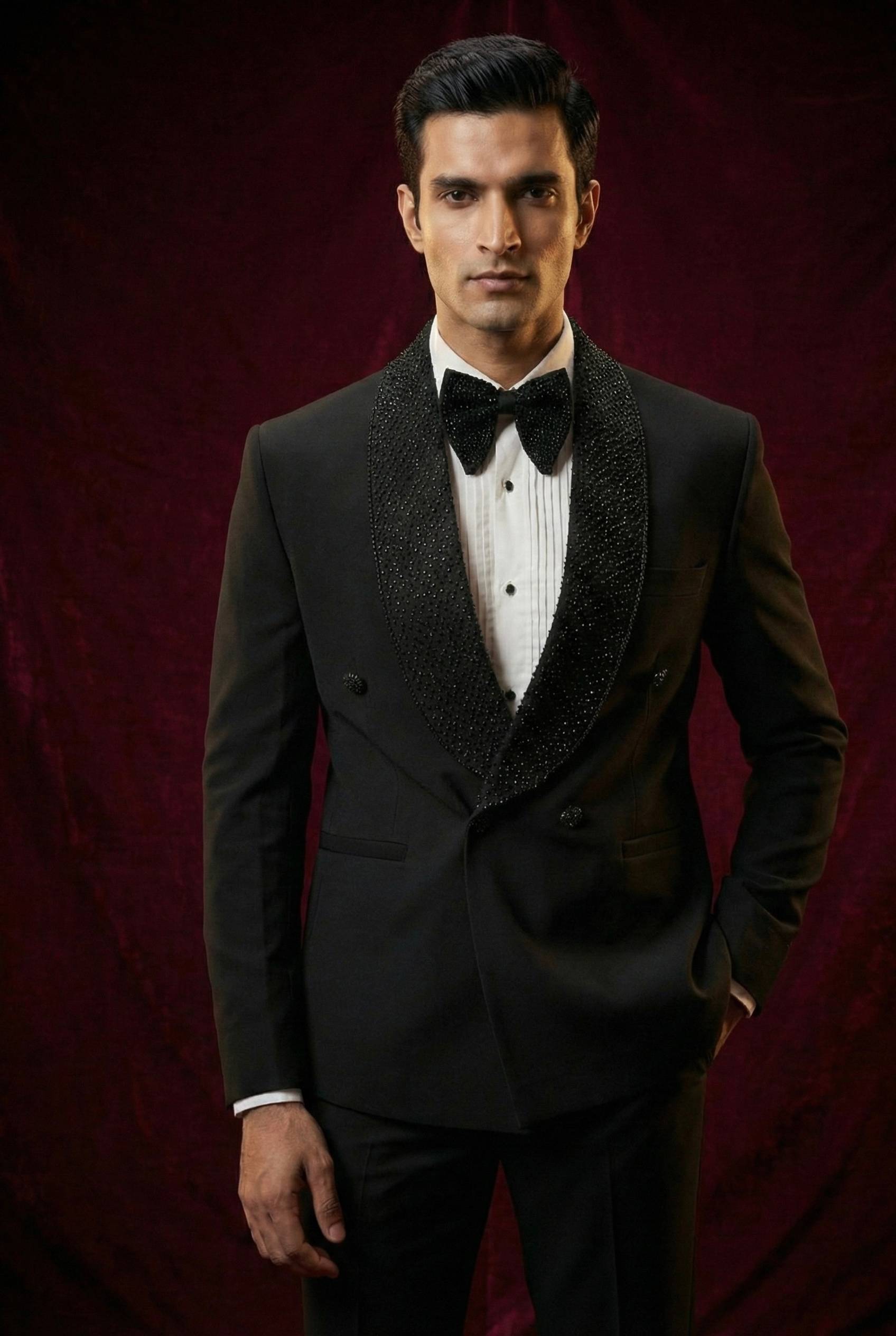 Abees Black sequin double-breasted tuxedo suit - front view