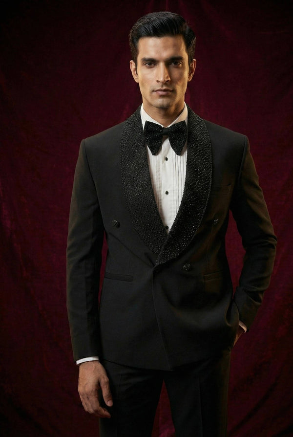 Abees Black sequin double-breasted tuxedo suit - front view
