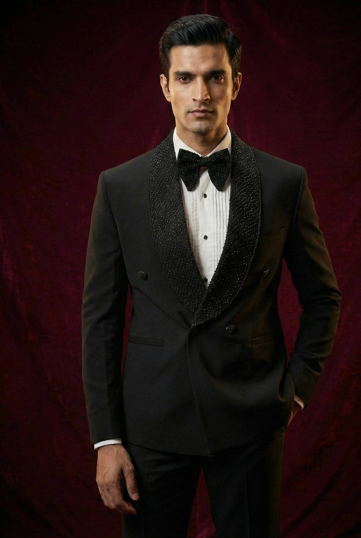 Abees Black sequin double-breasted tuxedo suit - front view