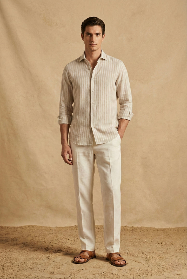 Sand Beige Striped Pure Linen Shirt for Men