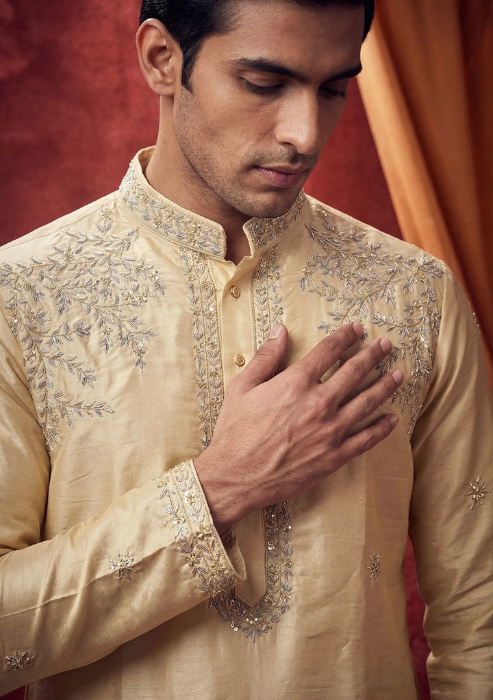Abees Gold silk hand embroidered pattu kurta set with dhoti and angavastram - back view