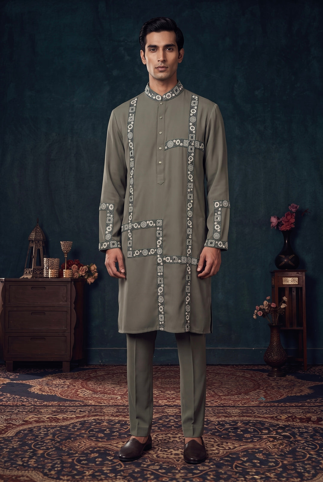 Olive Green Geometric Line symmetry Kurta Set