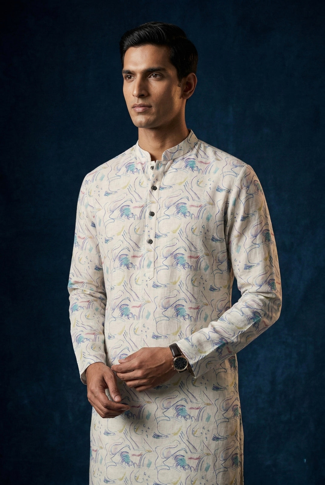 Abees Beige linen printed kurta set with trousers - back view