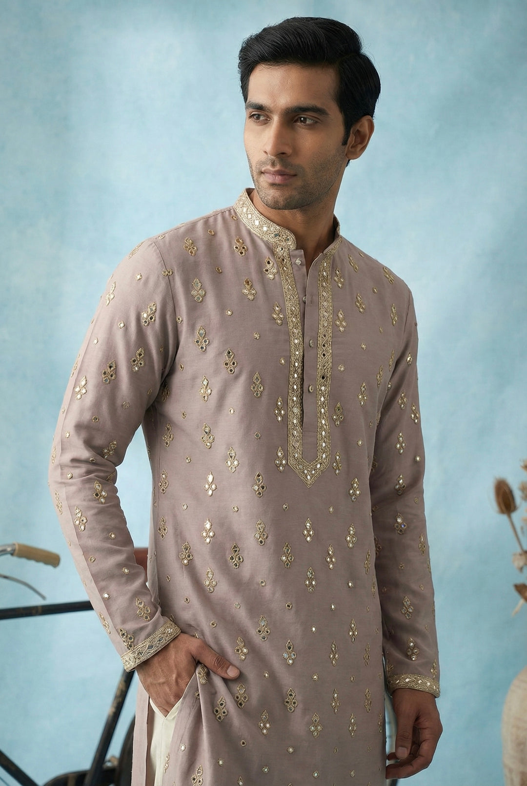 Abees Beige cotton silk embroidered kurta set - back view