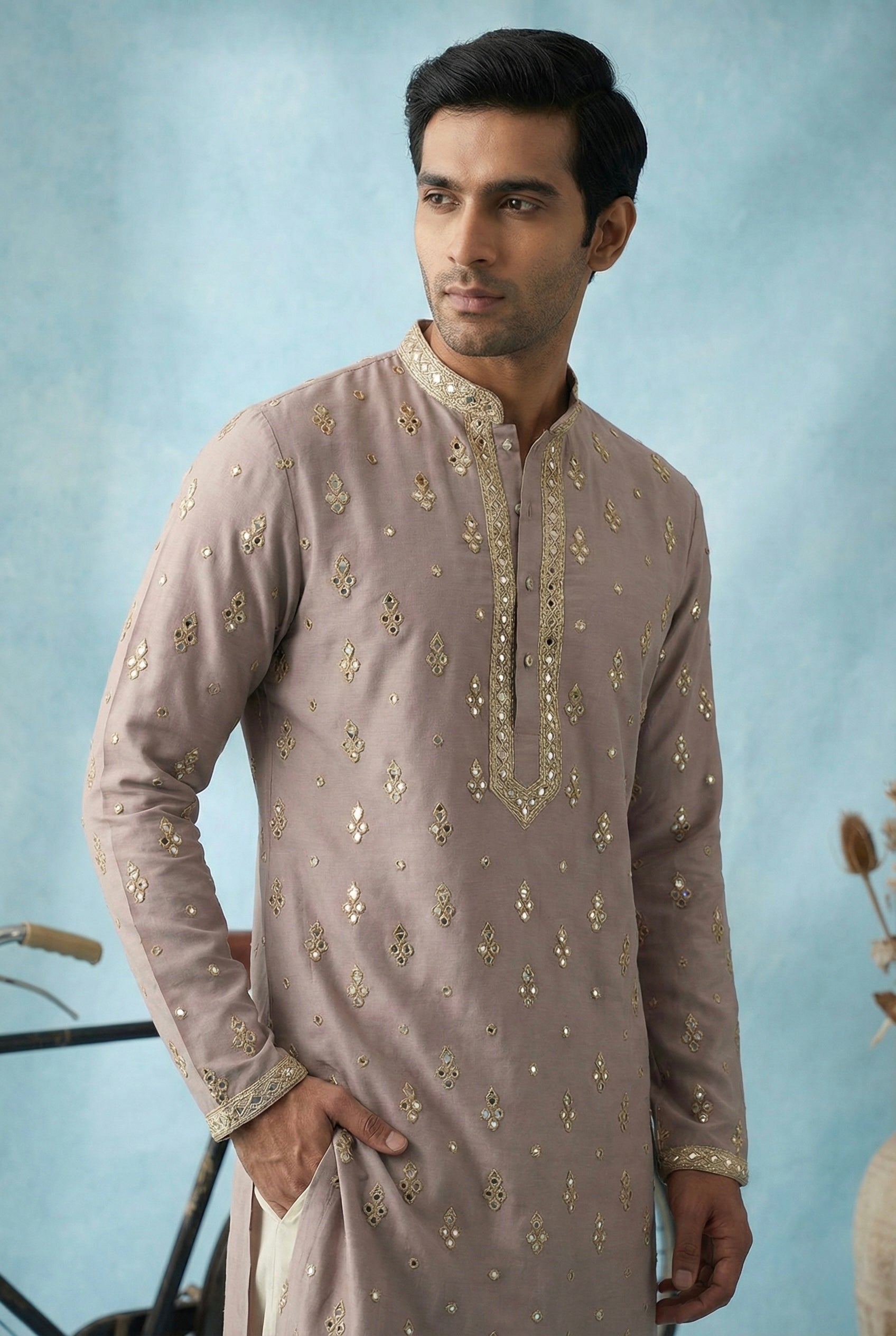 Taupe Embroidered Kurta for Men