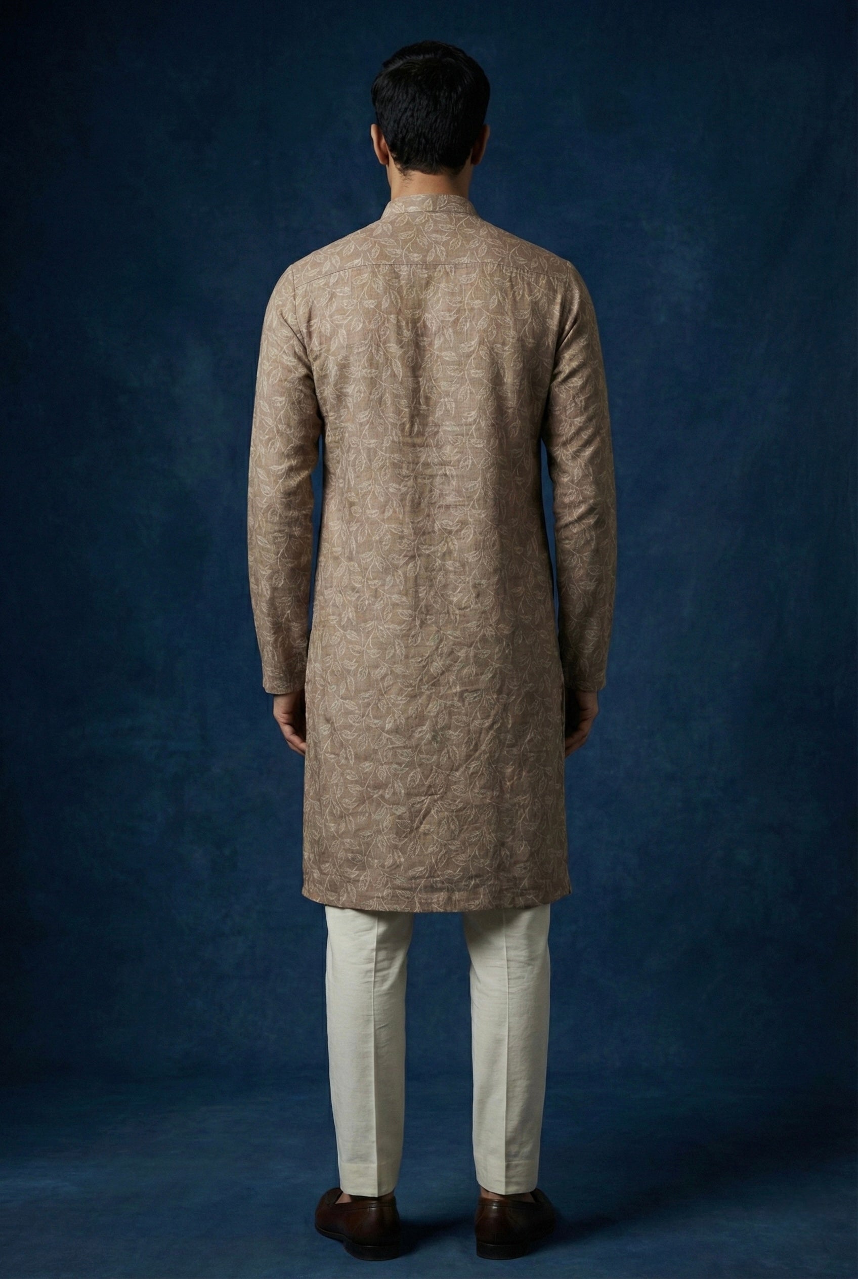 Earth-Tone Leaf Printed 100% Linen Kurta for Men