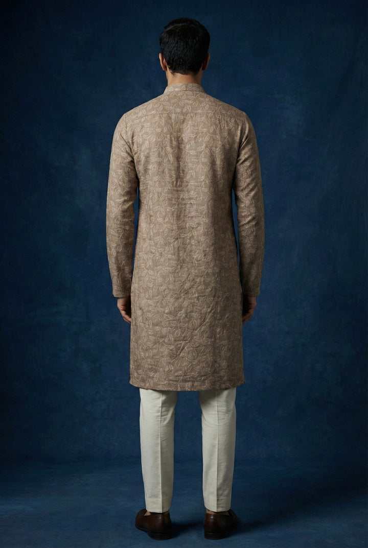 Abees Brown linen printed kurta earth-tone leaf - side view
