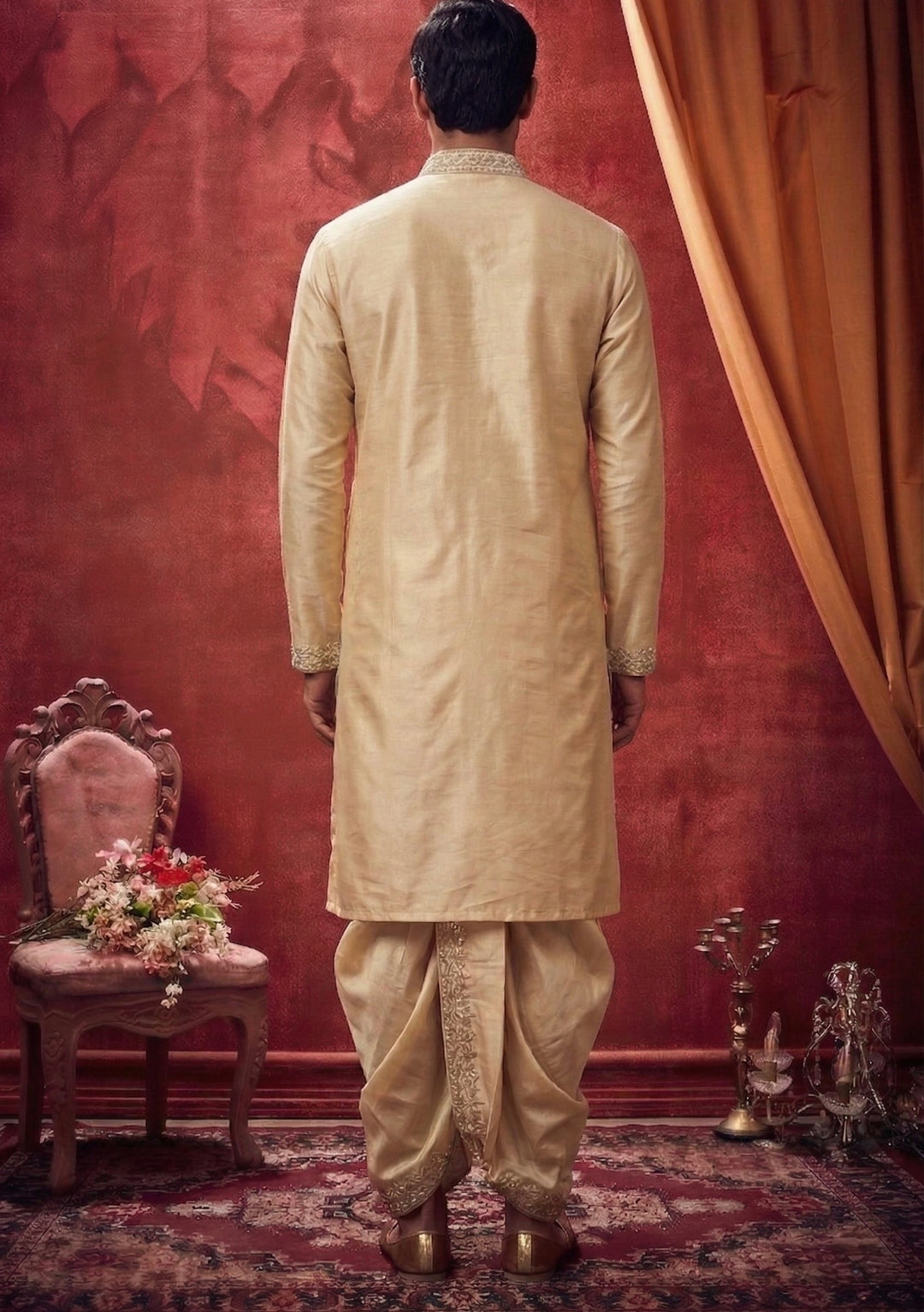Abees Gold silk hand embroidered pattu kurta set with dhoti and angavastram - side view