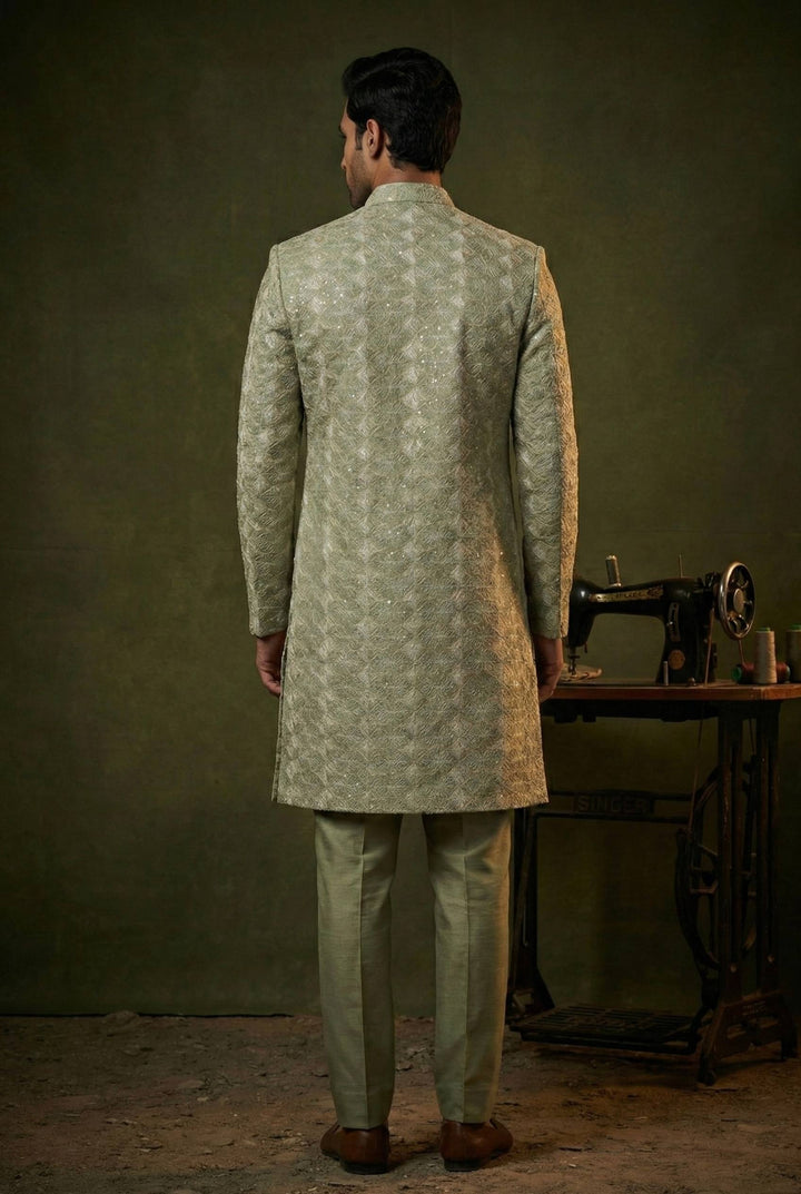 Abees Green jacquard embroidered layered sherwani set - side view