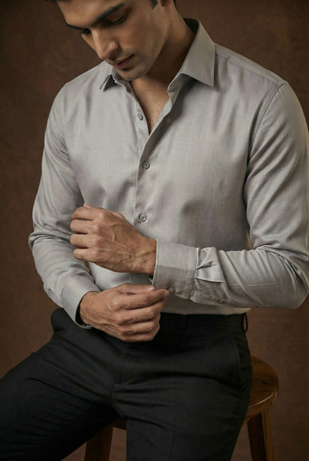 Abees Grey cotton blend solid formal shirt - side view