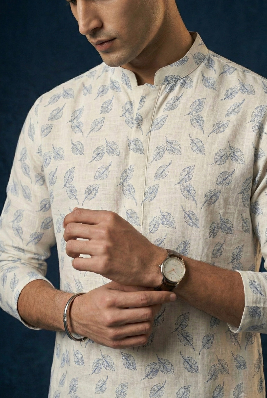 Abees Beige linen printed kurta set with trousers - side view