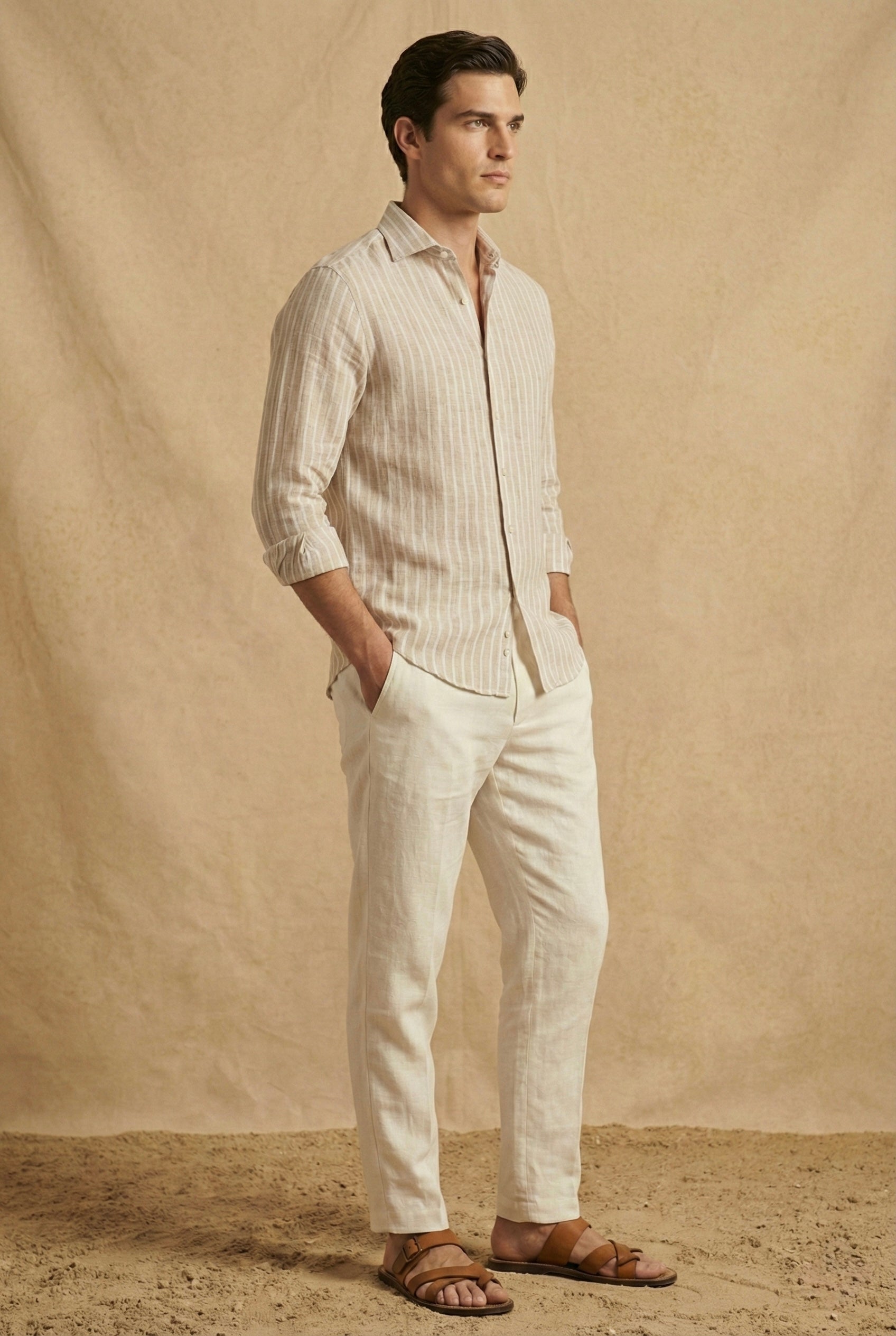 Sand Beige Striped Pure Linen Shirt for Men