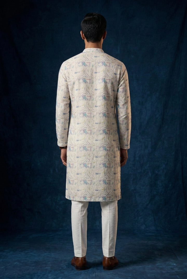 Abees Beige linen printed kurta set with trousers - side view