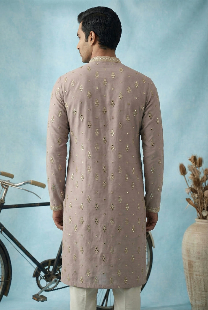 Abees Beige cotton silk embroidered kurta set - side view