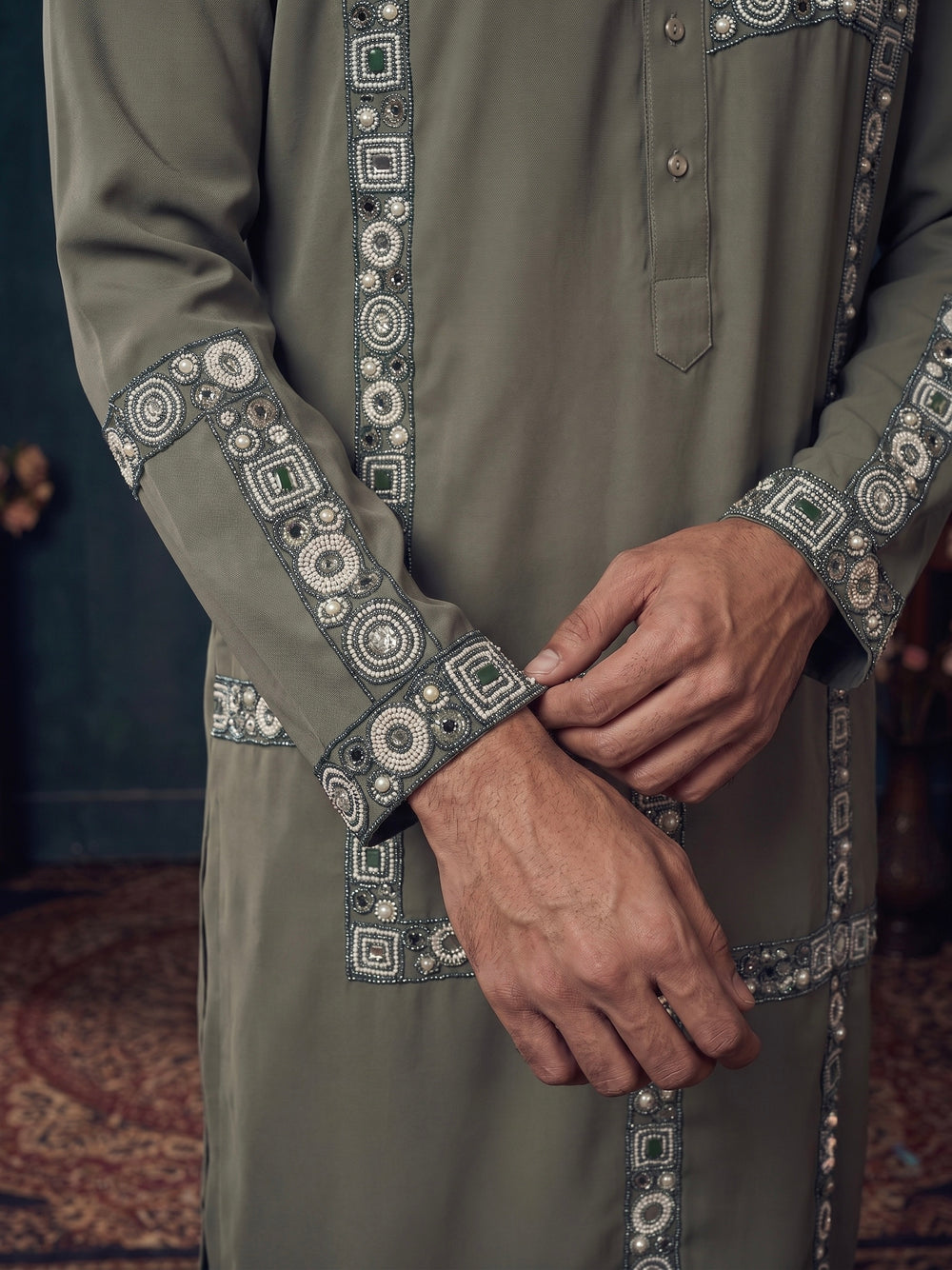 Olive Green Geometric Line symmetry Kurta Set