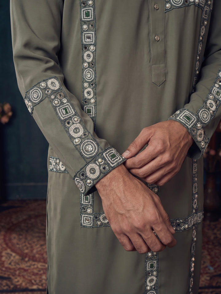 Olive Green Geometric Line symmetry Kurta Set